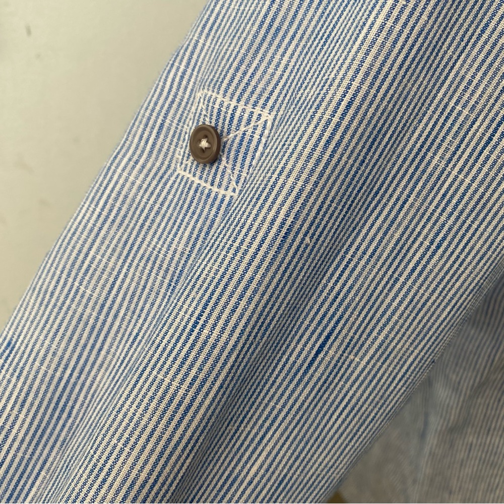 Elie Tahari Linen Pinstriped Button Up Shirt With Pockets - Picture 6 of 16
